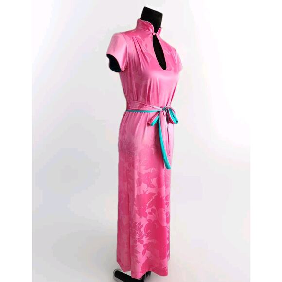 Vintage Vanity Fair Pink Nylon Mandarin Collar Maxi Dress Size 8 READ! - Picture 2 of 12